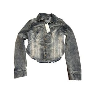 NWTO Urban Outfitters cropped corduroy snap up long sleeve black heather top